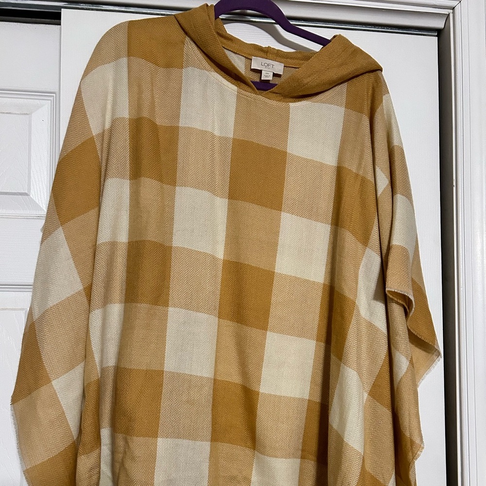 LOFT Mustard and Cream Checkered Poncho